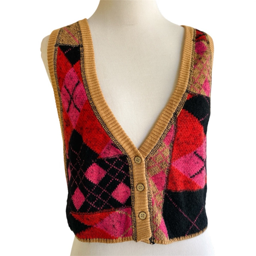 Free People Camilla Vest XS Argyle Knit Sweater Pink Black Tan Cotton Academia